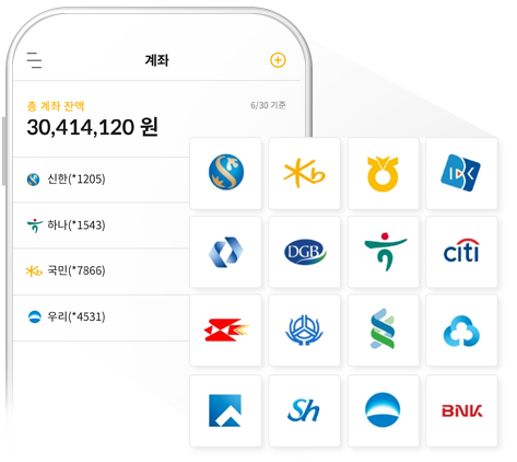 모든 은행을 모았습니다. 통합자산관리 간편하게 하세요!