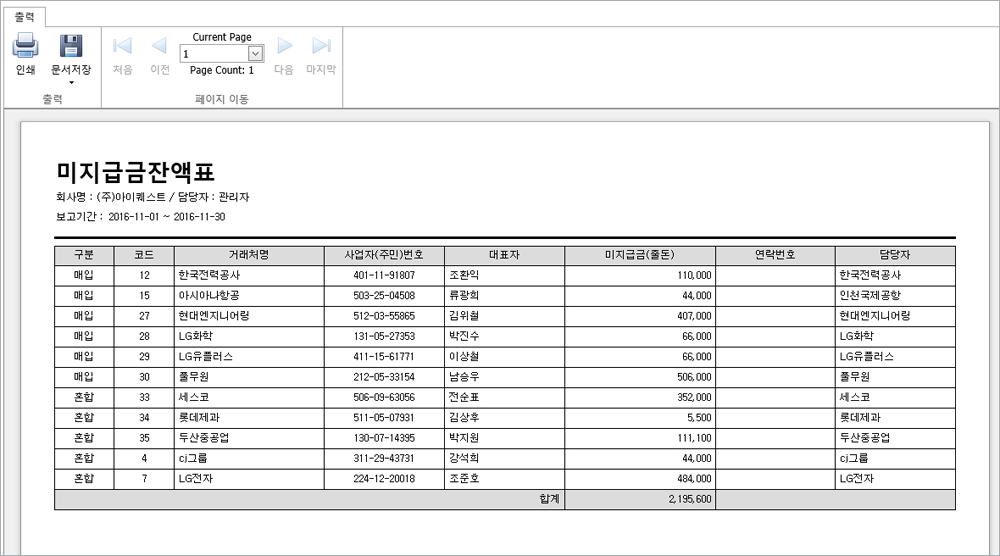 미지급금잔액표